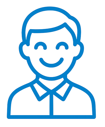 outline showing a minimalist blue line icon of a smiling customer.