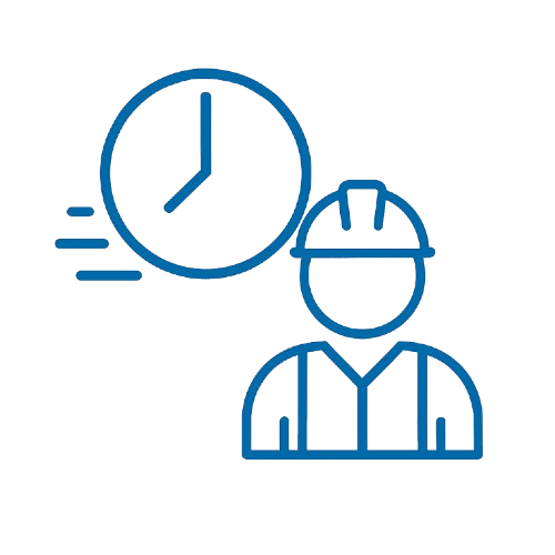 Outline of a construction worker wearing a hard hat next to a clock with motion lines, symbolising fast and flexible installation services.