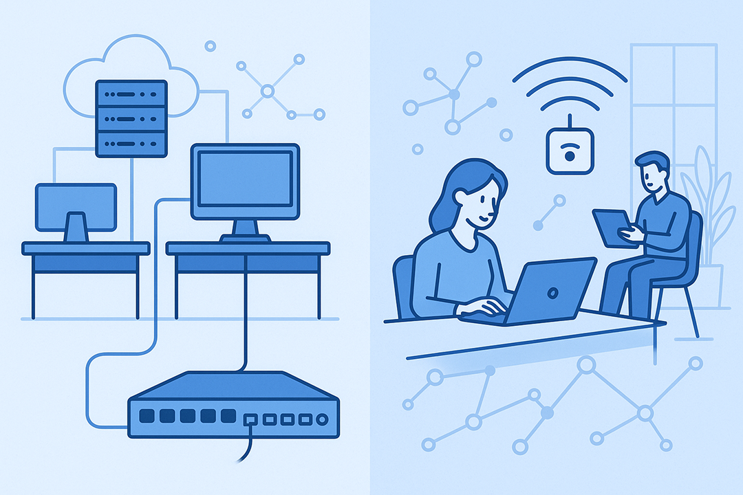 Vector illustration comparing wired vs wireless business networks in an office environment