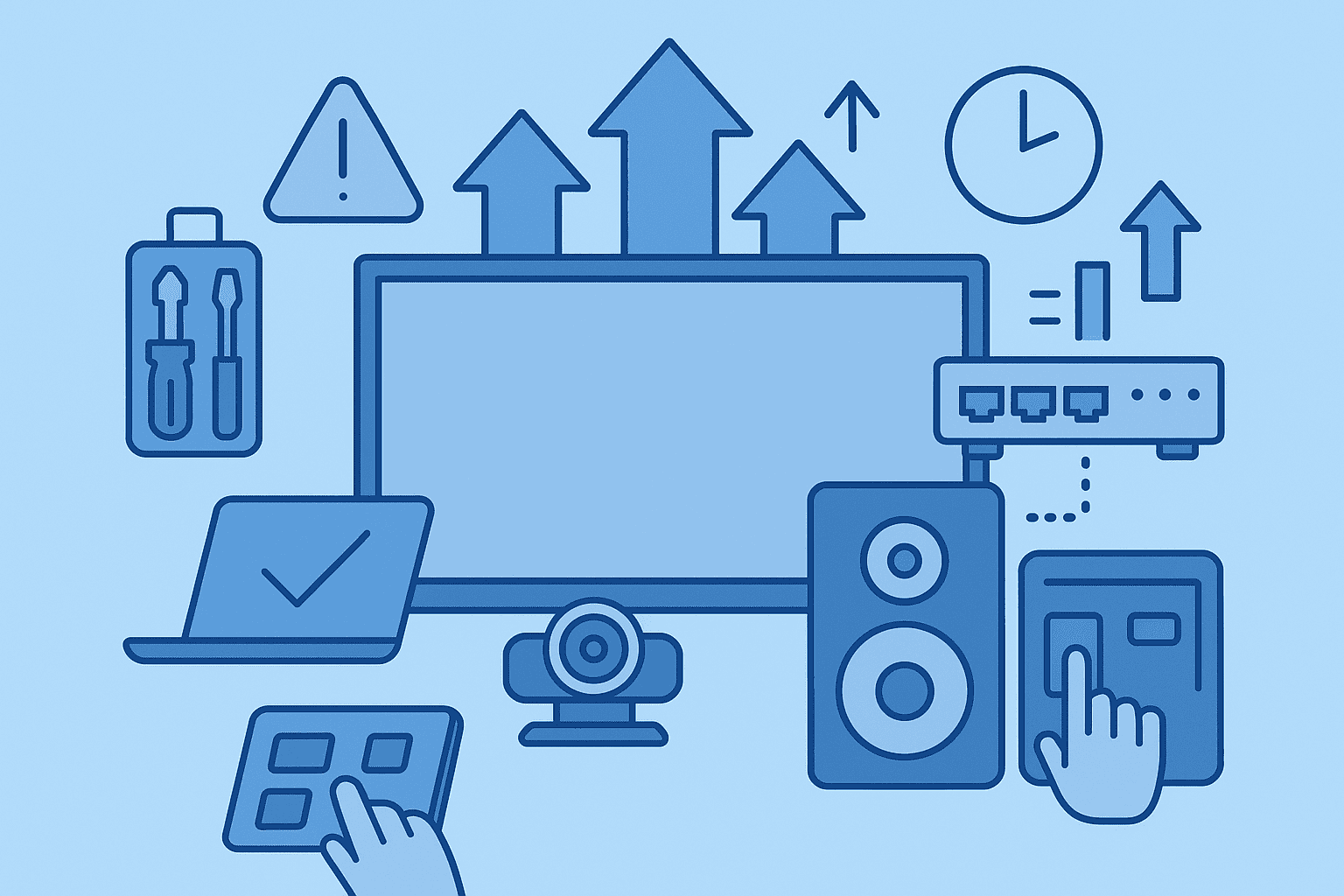Vector illustration of AV equipment upgrade showing a display, webcam, speaker, laptop, control panel, and network device with upgrade arrows and tools in blue tones.