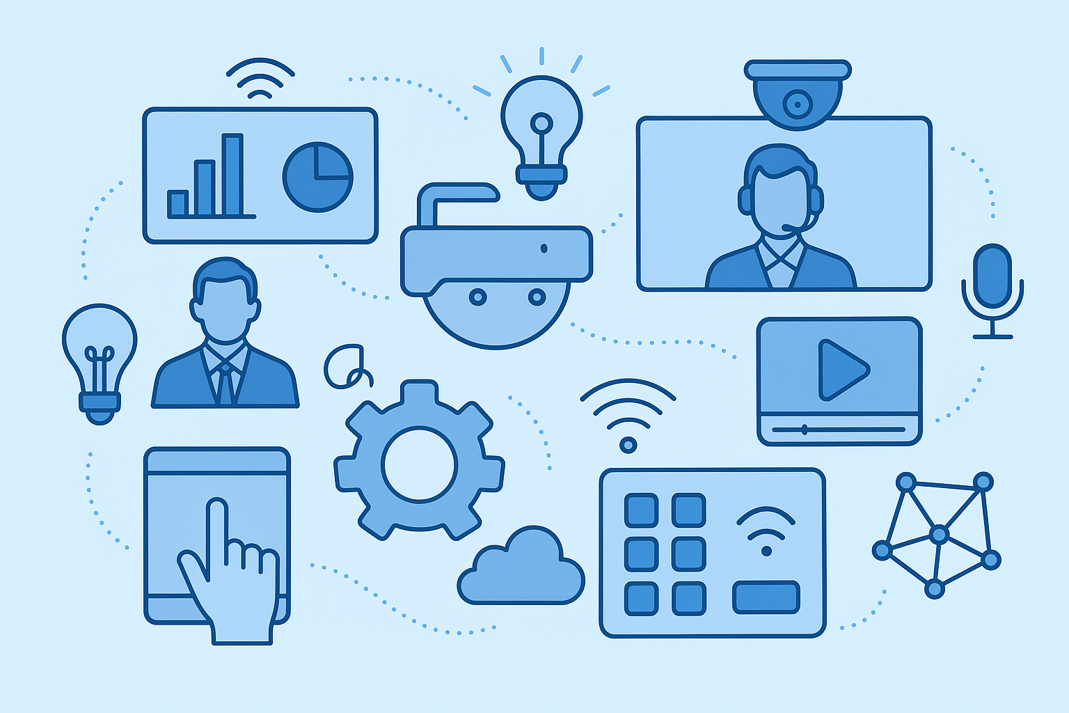 Vector illustration of smart AV solutions showing icons for video calls, charts, cloud, Wi-Fi, microphone, lighting, and controls in blue tones.