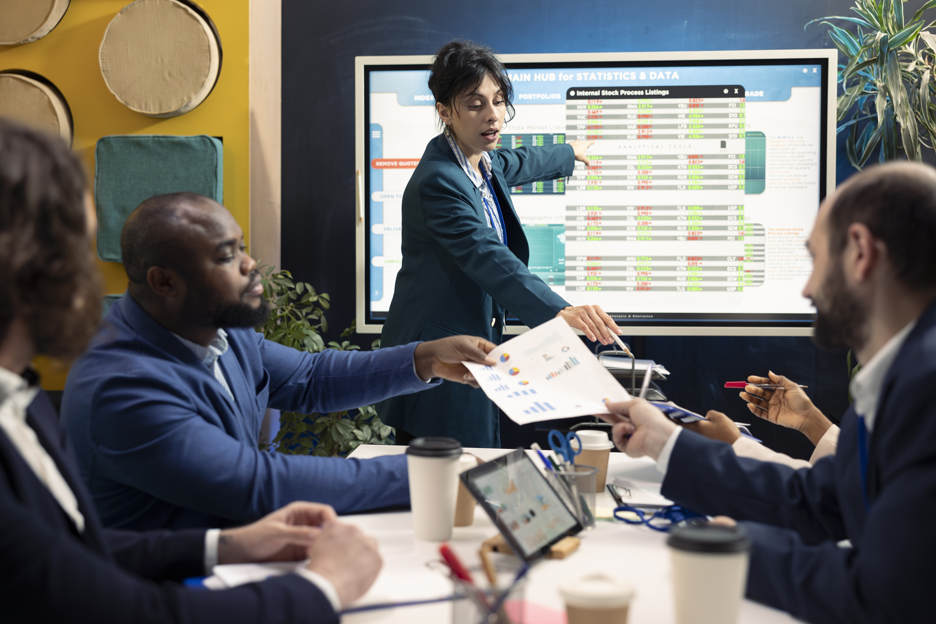 Professional business meeting with modern AV technology showing diverse team collaborating around large display screen with data analytics dashboard in contemporary conference room