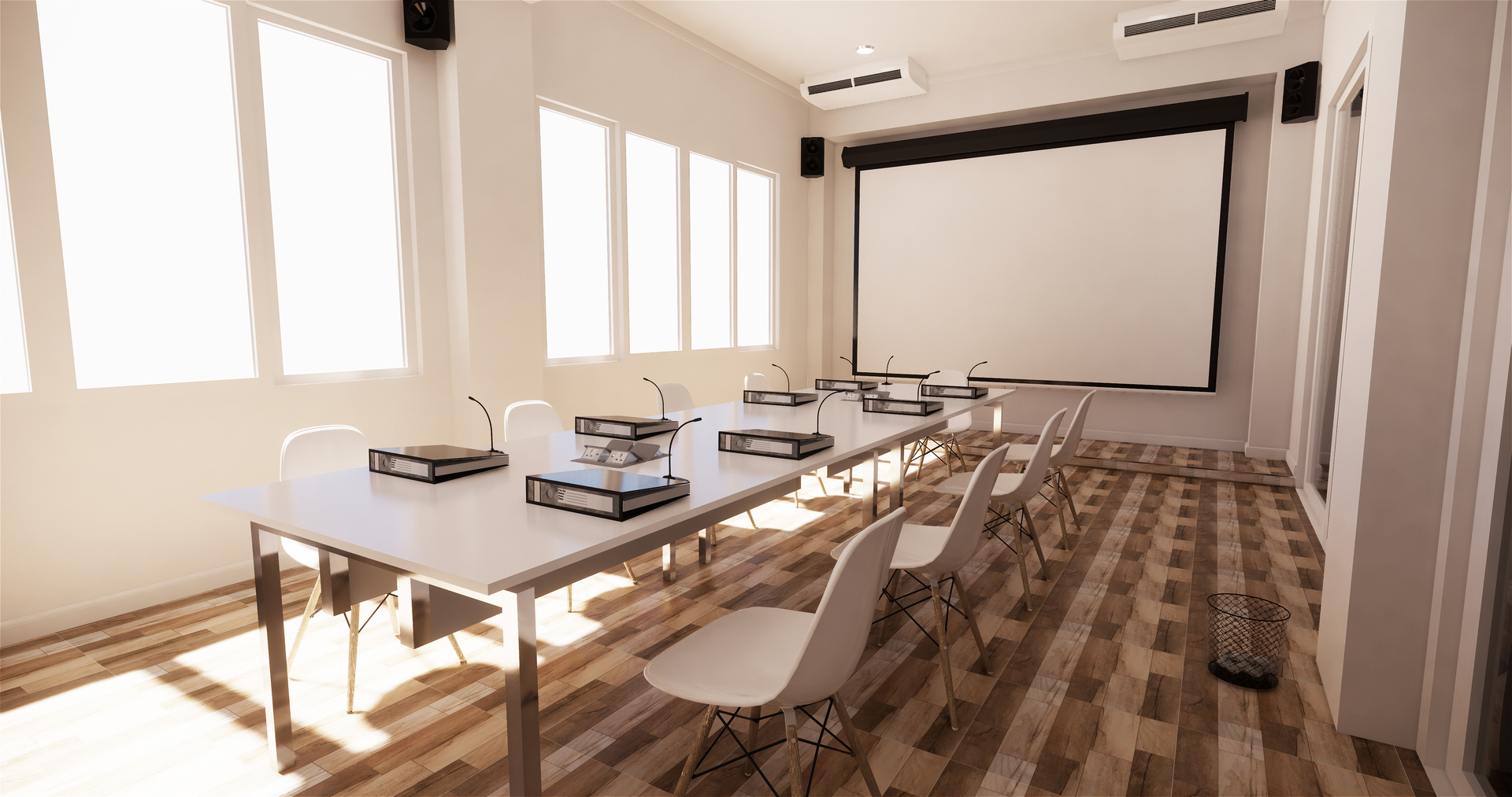 Office business – beautiful boardroom meeting room and conferenc Modern conference room with white table, chairs, projector screen, ceiling speakers, and large windows providing natural light for professional meetings.